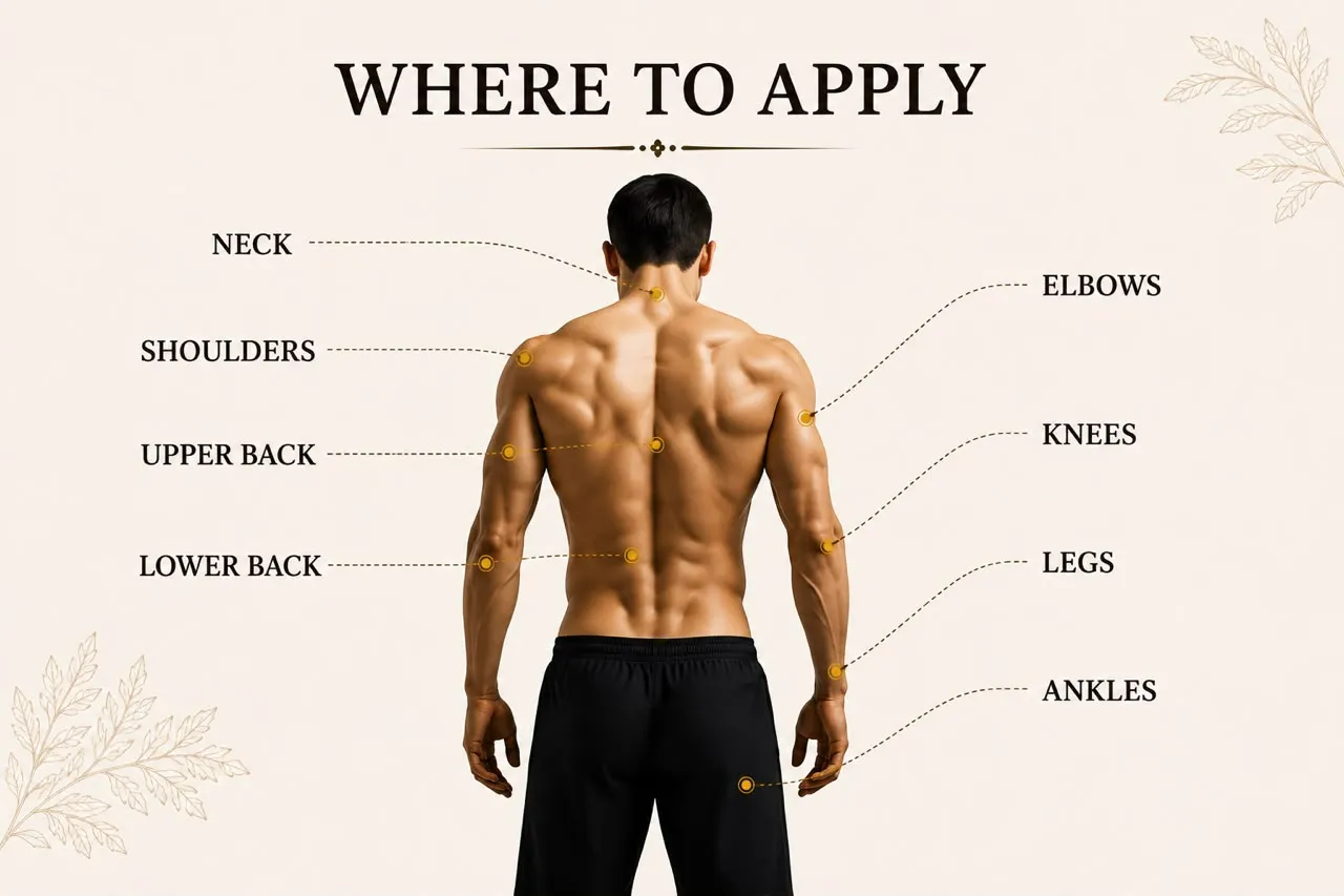 Where to apply Pain Relief Oil: neck, shoulders, back, elbows, knees, legs, ankles